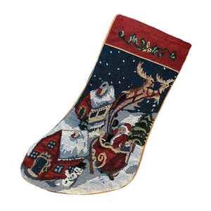 Vintage Woven Tapestry Christmas Stocking Santa Sleigh Reindeer 16"